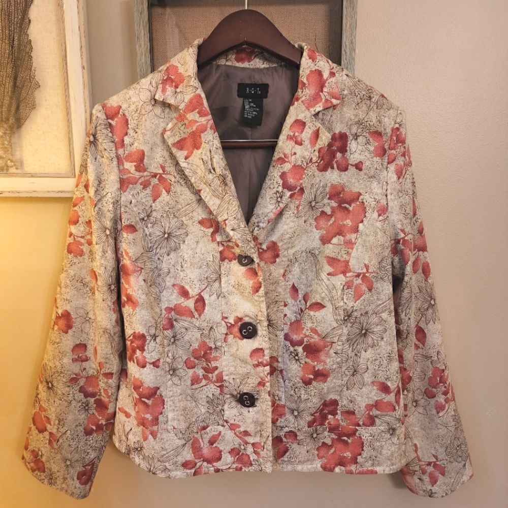 R.Q.T. Floral granny chic linen blend blazer with shoulder pads y2k